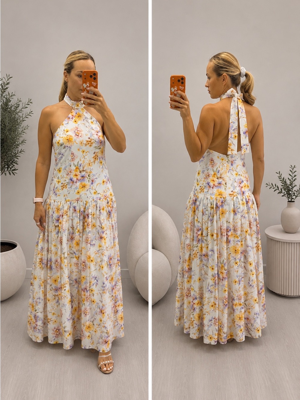 Aqua Blu Lilas Tie Halter Floral Silk/cotton Maxi Dress Medium NWT